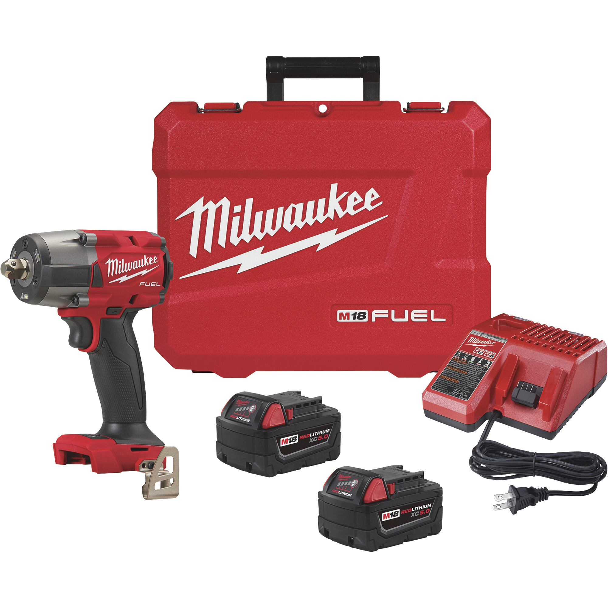 Milwaukee M18 FUEL Mid-Torque Impact Wrench with Pin Detent Kit, 1/2in. Drive, 650 Ft./Lbs. Torque, Two 5.0Ah Batteries, Model# 2962P-22